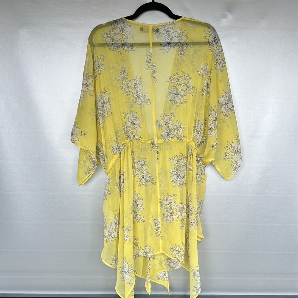 Abercrombie & Fitch yellow floral tie-front kimono sleeve sheer swimwear coverup - Picture 3 of 6